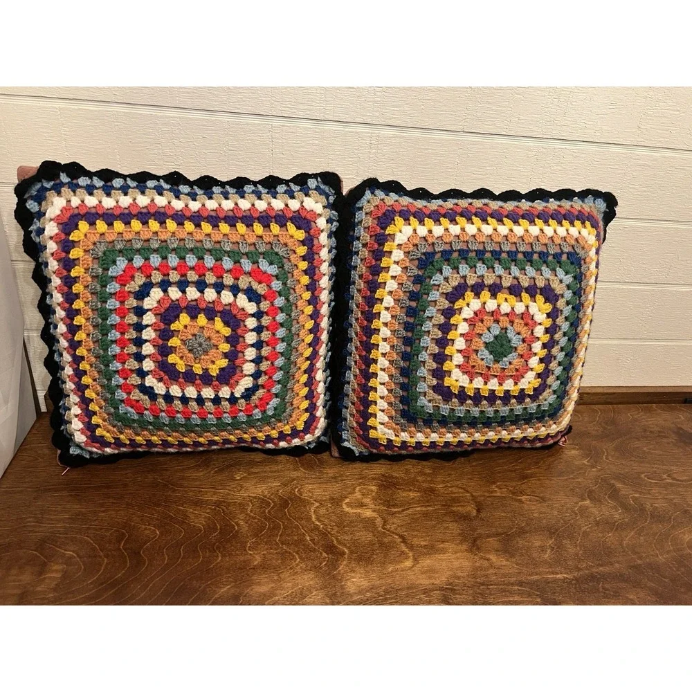 Two Afghan Granny Square Pillow Square Knit 16x16 Handmade - detailed & gorgeous